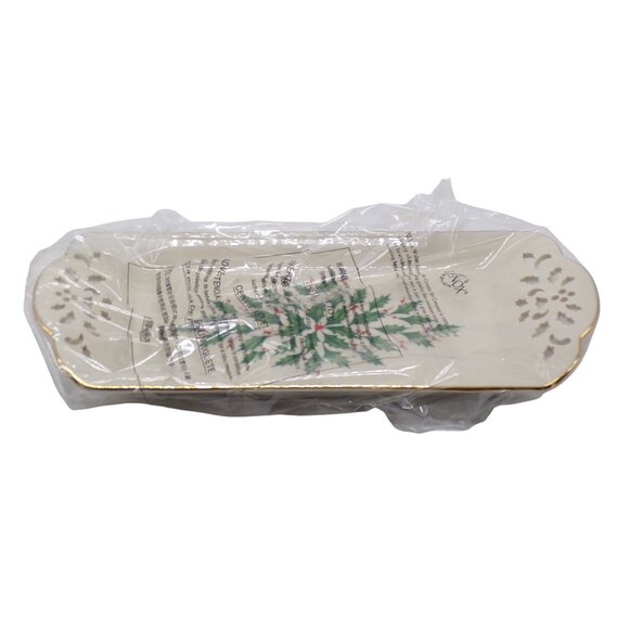 Lenox Dimension Tidbit Tray Pierced Handles Holly Berry Gold Trim 12.25" NIB - Picture 6 of 7